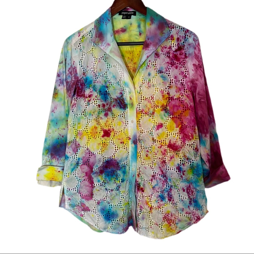 Coverup Shirt Top Boho Artsy Tie Dye Hippie Laser Cut Dopamine Festival Sz 8